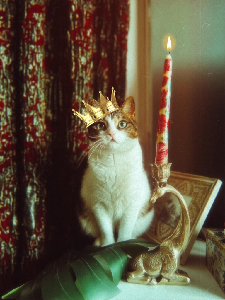Domestic cat wearing a crown sits beside a lit candle, creating a regal and cozy atmosphere.