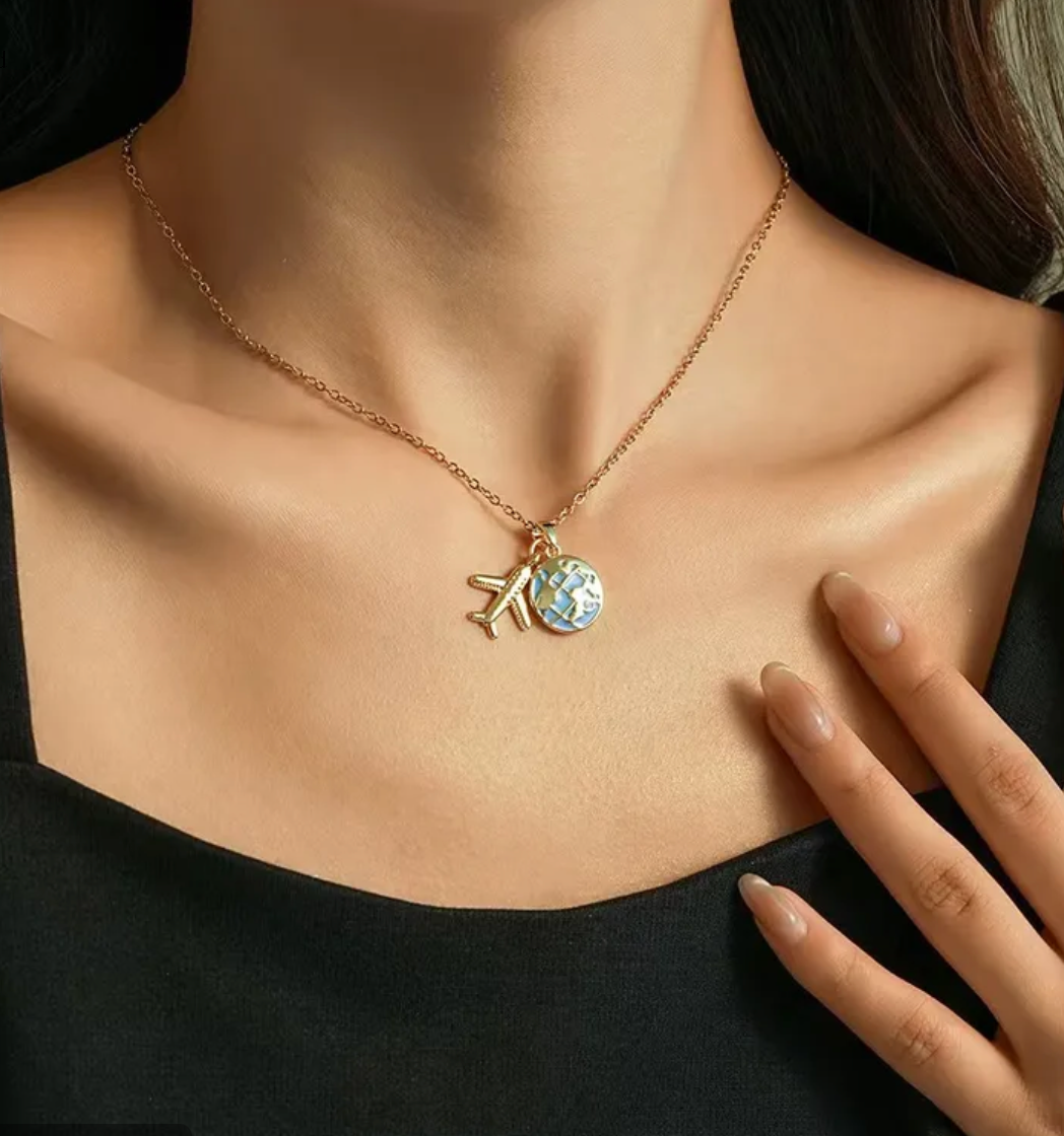 golden voyager airplane & earth pendant necklace 2 โ๏ธ๐โจ golden voyager airplane & earth pendant necklace 2 โ๏ธ๐โจ